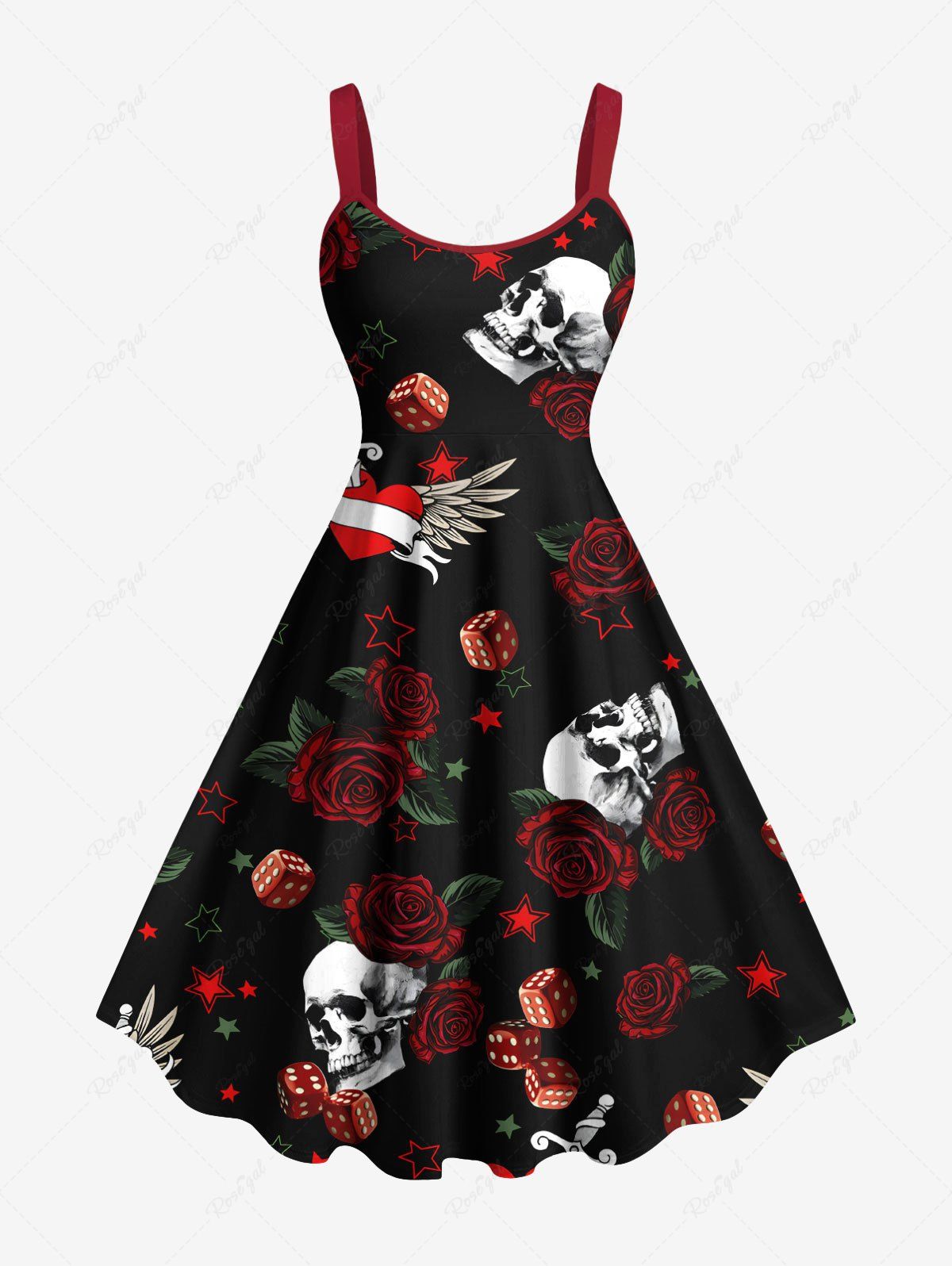 Robe trapèze d'Halloween grande taille à imprimé tête de mort, rose, fleur, cœur et épée Noir XXS
