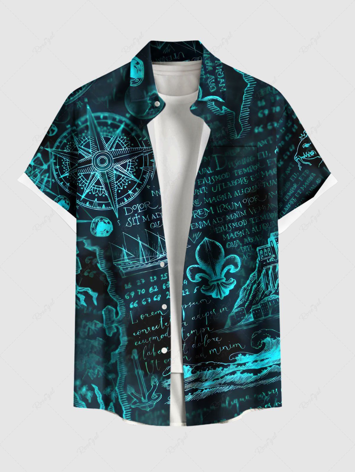 Chemise grande taille avec imprimé boussole, ancre, carte, lettres de la mer, croisière hawaïenne, boutonnée et poche pour homme Noir M