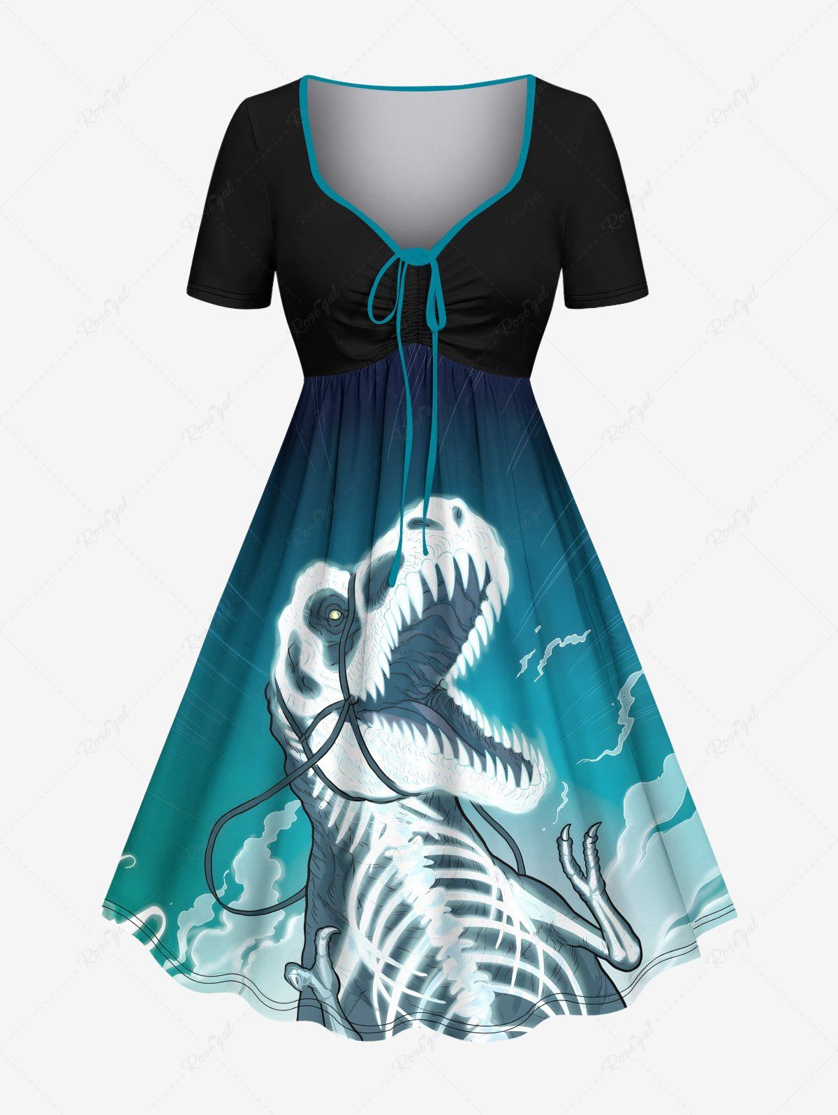 Outfit Plus Size Dinosaur Skeleton Ombre Sky Print Halloween Cinched A Line Dress  
