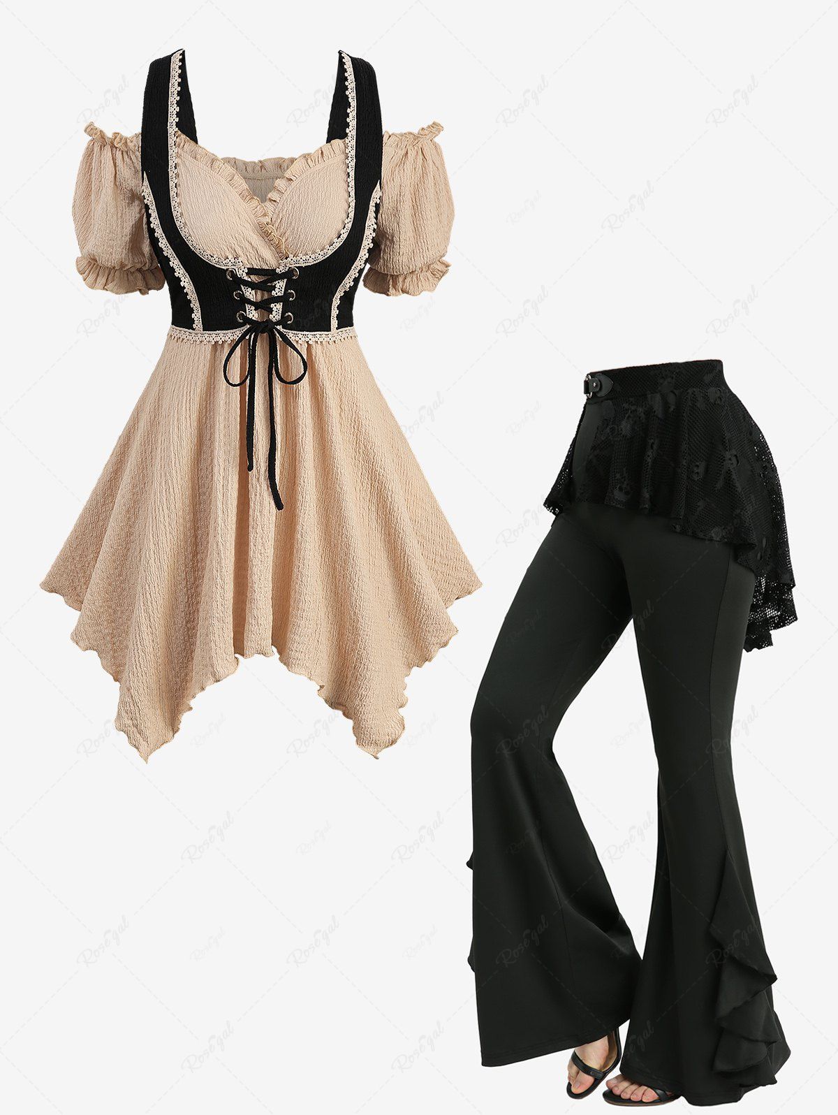 Fashion Textured Lace Up Crochet 2 in 1 Corset Top and Skulls Fishnet Overlay Ruffles Skirted Flare Pants Plus Size Outfit  