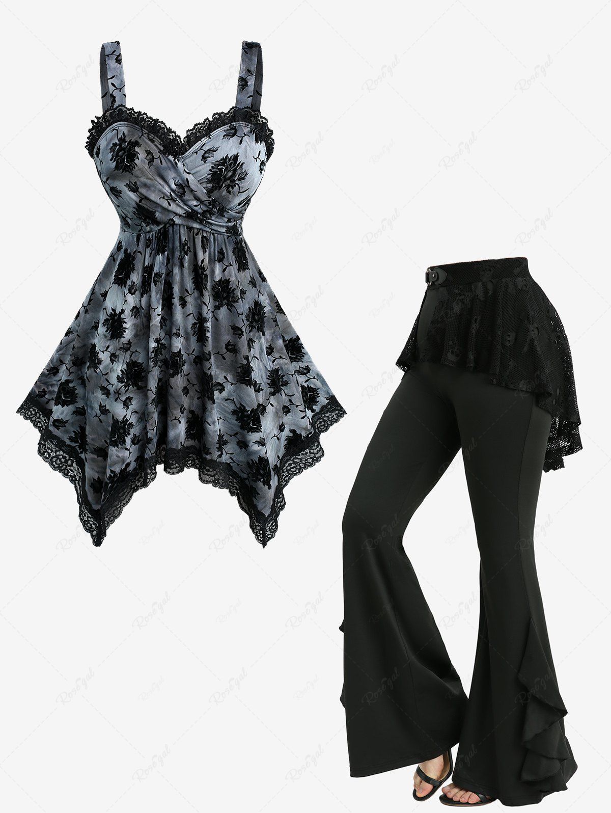 Cheap Floral Flocking Tie Dye Crossover Handkerchief Top and Skulls Fishnet Overlay Ruffles Skirted Flare Pants Plus Size Outfit  