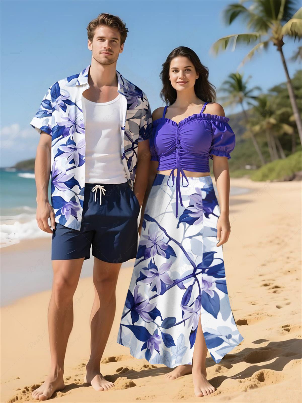 Latest Flowers Leaf Print Plus Size Matching Hawaii Beach Outfit For Couples  