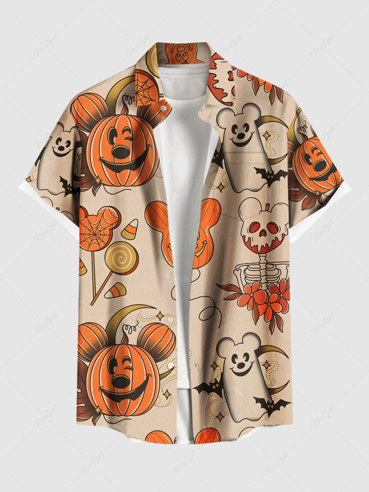 Chemise grande taille pour homme, motif citrouille, ballon, bonbons, squelette, fleurs, imprimé boutons et poches Abricot 2XL
