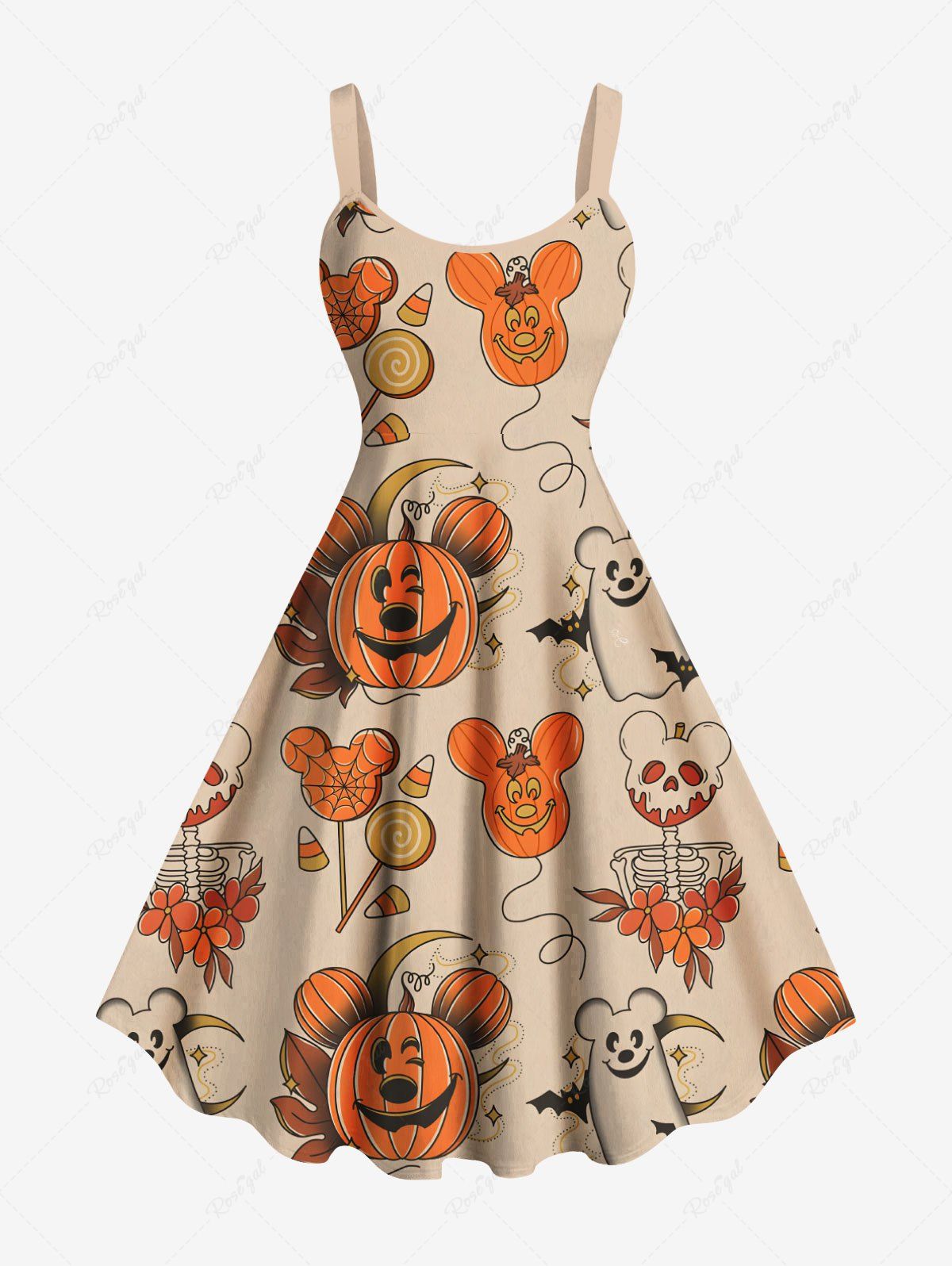 Best Plus Size Halloween Pumpkin Balloon Candy Skeleton Flowers Print Tank Dress  