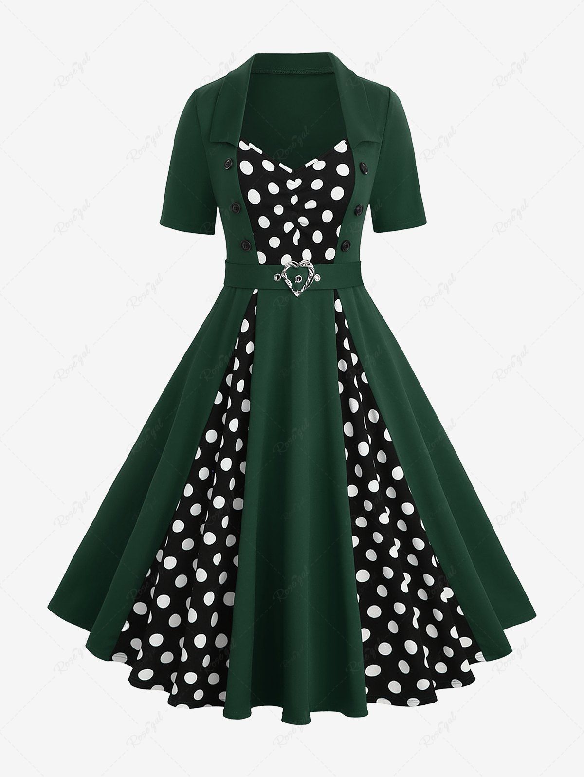Discount Plus Size Polka Dot Print Mock Buttons Heart Buckle Turn-down Collar Patchwork Ruched Vintage A Line Dress  