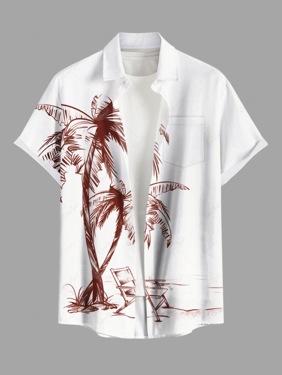 Chemise hawaïenne grande taille à imprimé cocotiers et poches boutonnées pour homme Blanc 3XL