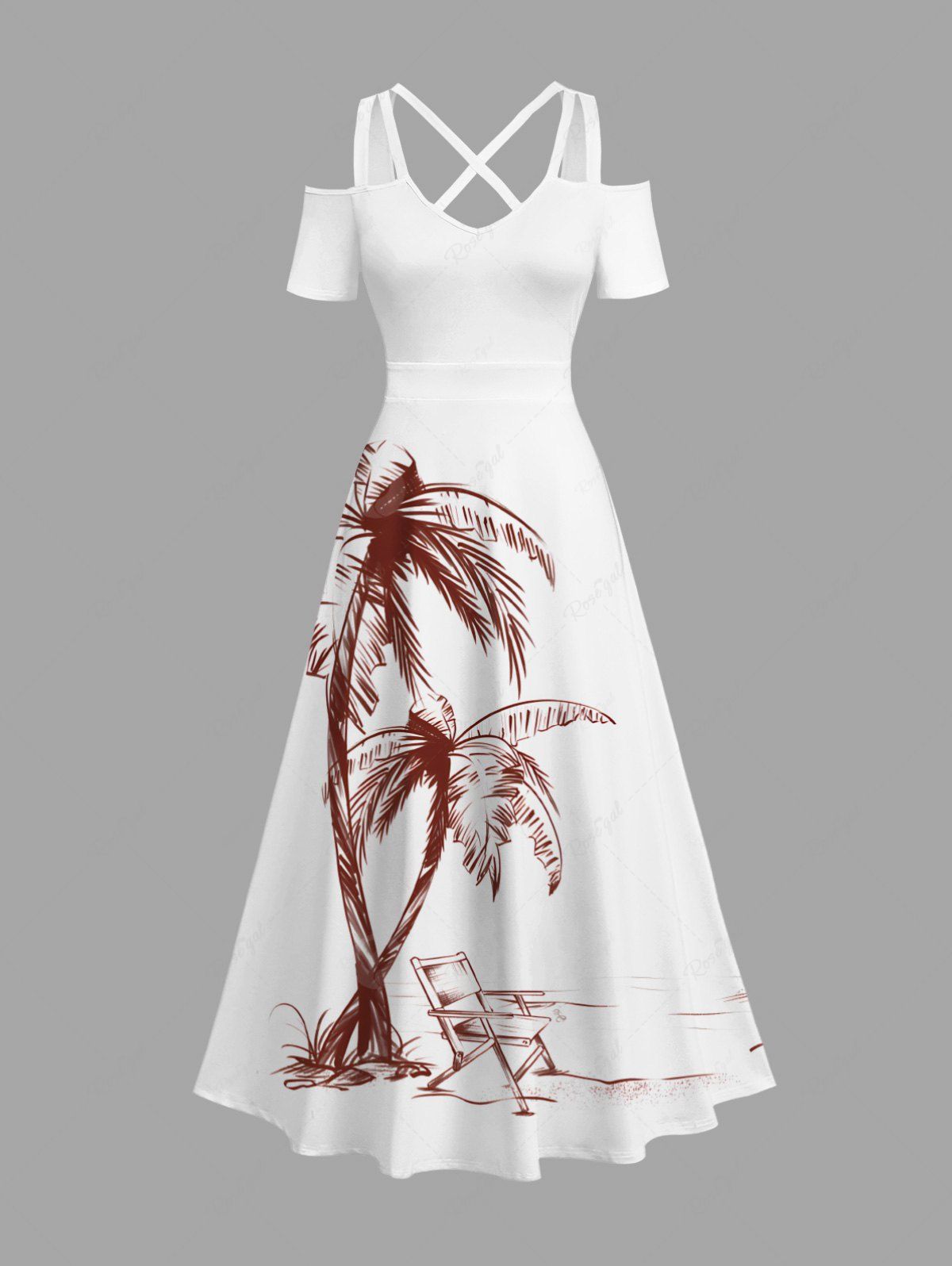 Robe longue hawaïenne grande taille à imprimé cocotiers et épaules dénudées Blanc 6X