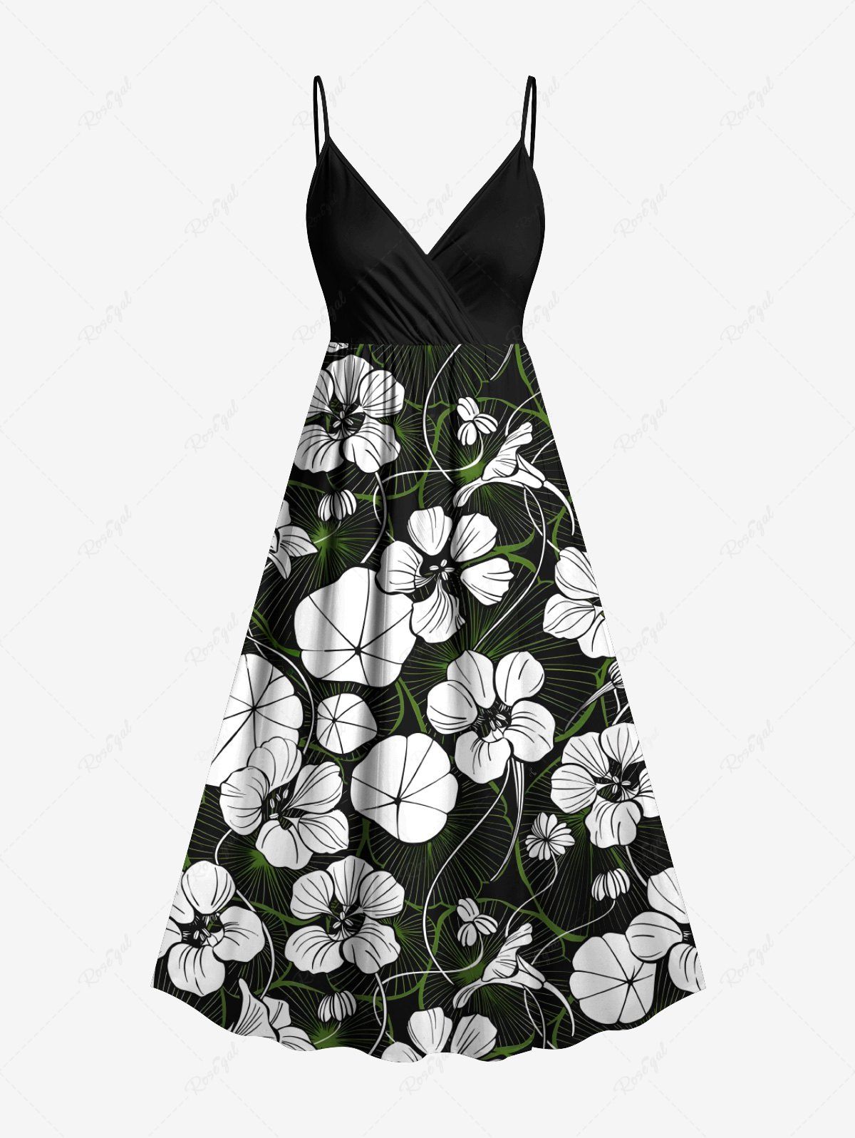 Fashion Plus Size Flowers Leaf Print Surplice Hawaii Cami Dress  