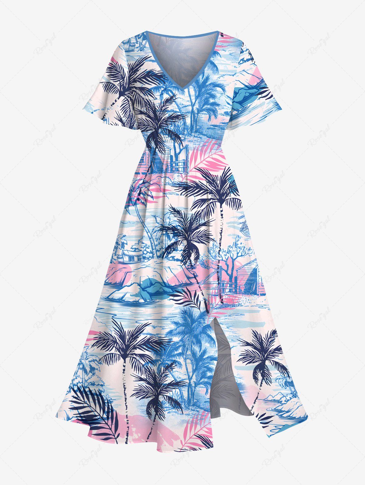 Robe mi-longue hawaïenne fendue à imprimé feuilles tropicales de cocotier grande taille Bleu Ciel XXS