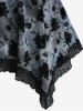 Floral Flocking Tie Dye Crossover Handkerchief Top and Skulls Fishnet Overlay Ruffles Skirted Flare Pants Plus Size Outfit -  