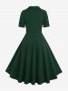 Robe trapèze vintage à col rabattu et imprimé pois grande taille, boutons factices, boucle en cœur, patchwork froncé - Vert profond L | US 12