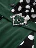 Robe trapèze vintage à col rabattu et imprimé pois grande taille, boutons factices, boucle en cœur, patchwork froncé - Vert profond L | US 12