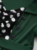 Robe trapèze vintage à col rabattu et imprimé pois grande taille, boutons factices, boucle en cœur, patchwork froncé - Vert profond L | US 12