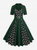 Robe trapèze vintage à col rabattu et imprimé pois grande taille, boutons factices, boucle en cœur, patchwork froncé - Vert profond L | US 12