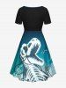 Robe trapèze cintrée grande taille à imprimé squelette de dinosaure et ciel ombré pour Halloween - Noir L