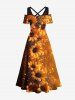 Robe longue hawaïenne grande taille à imprimé tournesol ombré et pois lumineux, épaules dénudées, croisée, coupe trapèze - Orange 1X