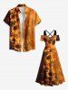Robe longue hawaïenne grande taille à imprimé tournesol ombré et pois lumineux, épaules dénudées, croisée, coupe trapèze - Orange 5X