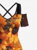Robe longue hawaïenne grande taille à imprimé tournesol ombré et pois lumineux, épaules dénudées, croisée, coupe trapèze - Orange 5X