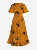 Plus Size Spider Web Insect Print Halloween Split Pocket A Line Midi Dress -  
