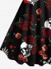 Robe trapèze d'Halloween grande taille à imprimé tête de mort, rose, fleur, cœur et épée - Noir XXS