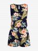 Plus Size Tropical Leaf Hibiscus Flower Print Hawaii Drawstring Pocket Romper -  