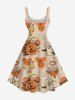 Plus Size Halloween Pumpkin Balloon Candy Skeleton Flowers Print Tank Dress -  