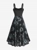 Plus Size Flowers Print Grommets Buckle Chains Tank Dress -  