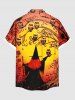 Plus Size Halloween Hat Wizard Owl Bat Spider Web Print Buttons Pocket Shirt For Men -  