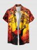 Plus Size Halloween Hat Wizard Owl Bat Spider Web Print Buttons Pocket Shirt For Men -  