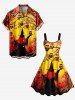 Plus Size Halloween Hat Wizard Owl Bat Spider Web Print Buttons Pocket Shirt For Men -  