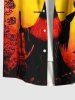 Plus Size Halloween Hat Wizard Owl Bat Spider Web Print Buttons Pocket Shirt For Men -  