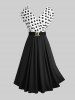 Plus Size Polka Dots Print Crossover Panel Ruched Vintage Dress With Buckle Belt -  