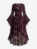 Robe grande taille à fleurs, laçage, volants, manches évasées, asymétrique et décolleté en V avec empiècement croisé. - Rouge foncé 3X | US 22-24