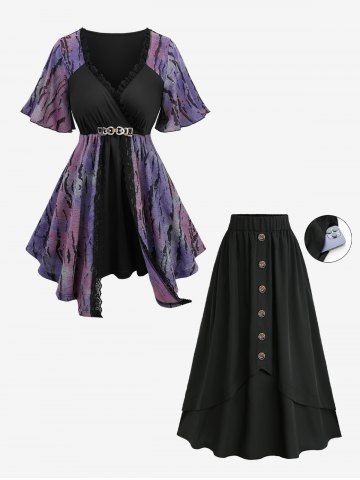 Tie Dye Ombre Jacquard Surplice Buckle Belted Top and Mock Button Layered Pocket A Line Skirt Plus Size Outfit - PURPLE