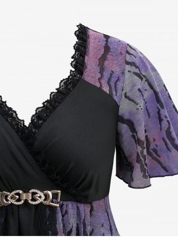 Tie Dye Ombre Jacquard Surplice Buckle Belted Top and Mock Button Layered Pocket A Line Skirt Plus Size Outfit