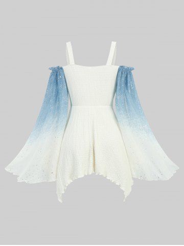 Hot Stamping Ombre Print Cold Shoulder Flare Sleeves Blouse and Ruffles Waist Wide Leg Pants Plus Size Outfit