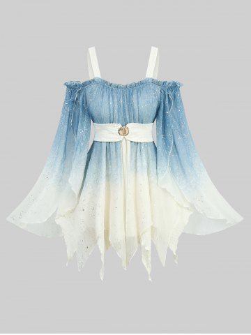 Hot Stamping Ombre Print Cold Shoulder Flare Sleeves Blouse and Ruffles Waist Wide Leg Pants Plus Size Outfit