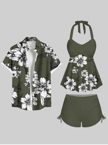 Flowers Leaf Print Plus Size Matching Hawaii Beach Outfit For Couples - ARMY GREEN