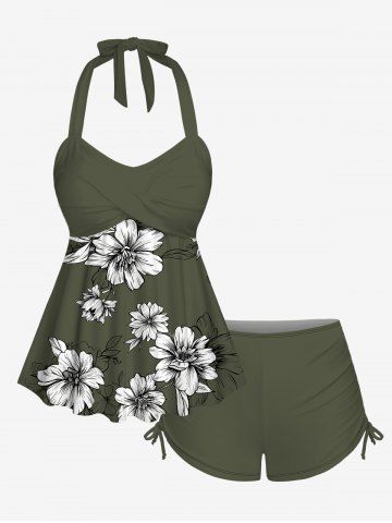 Plus Size Flowers Leaf Print Halter Ruched Cinched Boyleg Hawaii Tankini Set - ARMY GREEN - 5X