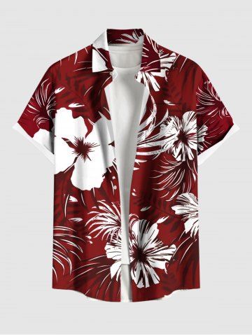 Plus Size Hibiscus Flower Tropical Leaf Print Buttons Pocket Hawaii Shirt For Men - RED - M