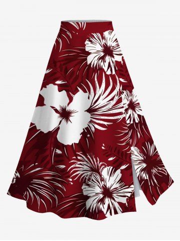Plus Size Hibiscus Flower Tropical Leaf Print Split Hawaii Skirt - RED - 4X