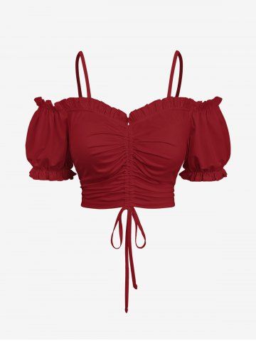 Plus Size Cinched Ruched Ruffles Cold Shoulder Cami Top - RED - 4X