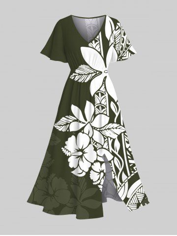 Plus Size Hibiscus Flowers Leaf Print Split Hawaii Midi Dress - ARMY GREEN - XS