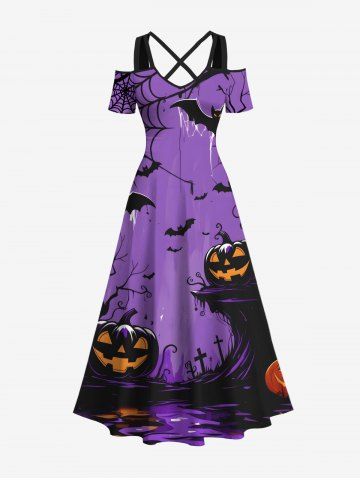 Plus Size Halloween Pumpkin Bat Spider Web Cross Print Cold Shoulder Crisscross Maxi Dress - PURPLE - M