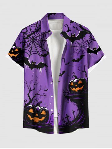 Plus Size Halloween Pumpkin Bat Spider Web Cross Print Buttons Pocket Shirt For Men - PURPLE - M