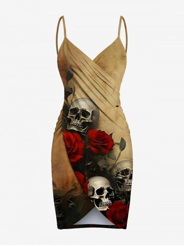 Plus Size Distressed Skull Rose Flower Print Halloween Convertible Beach Cover Up - TAN - 5X