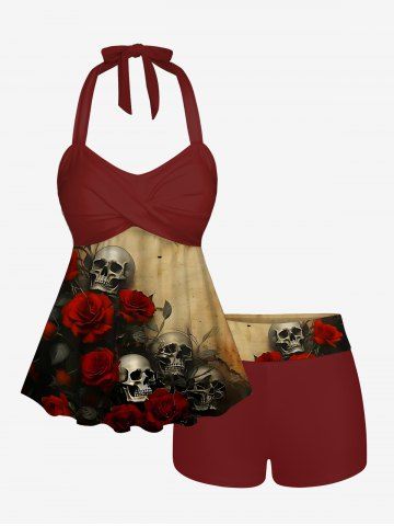 Distressed Skull Rose Flower Print Halloween Twist Halter Backless Boyleg Tankini Swimsuit - RED WINE - L