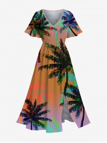 Plus Size Coconut Tree Ombre Print Hawaii Split Pocket A Line Midi Dress - ORANGE - 1X