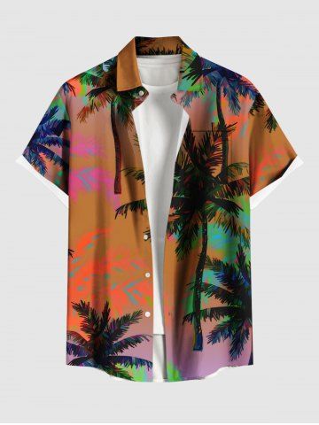 Plus Size Coconut Tree Ombre Print Hawaii Button Pocket Shirt For Men - ORANGE - 3XL
