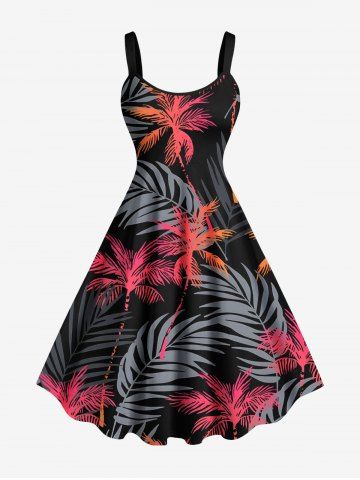 Plus Size Tropical Leaf Coconut Tree Print Hawaii A Line Tank Dress - BLACK - XS